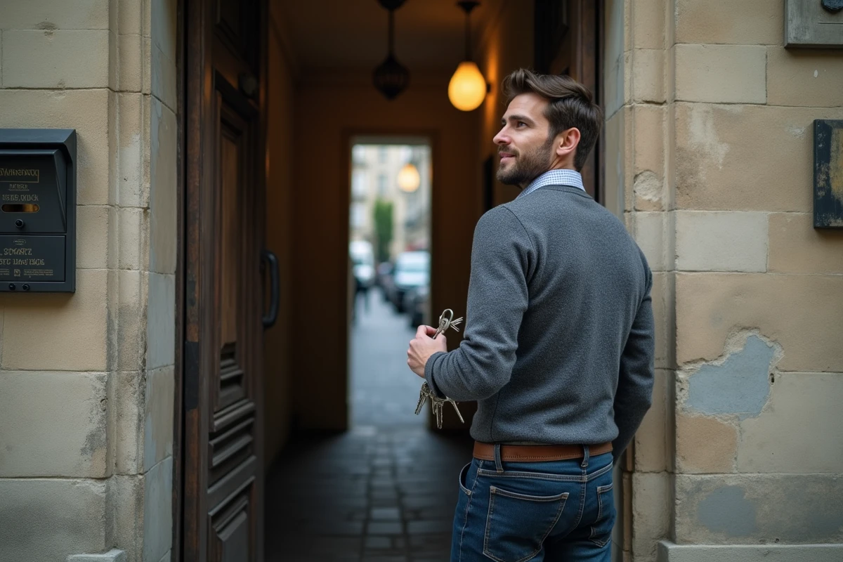 Homme sur le point de partir depuis une entrée d'immeuble parisien, expression naturelle de départ