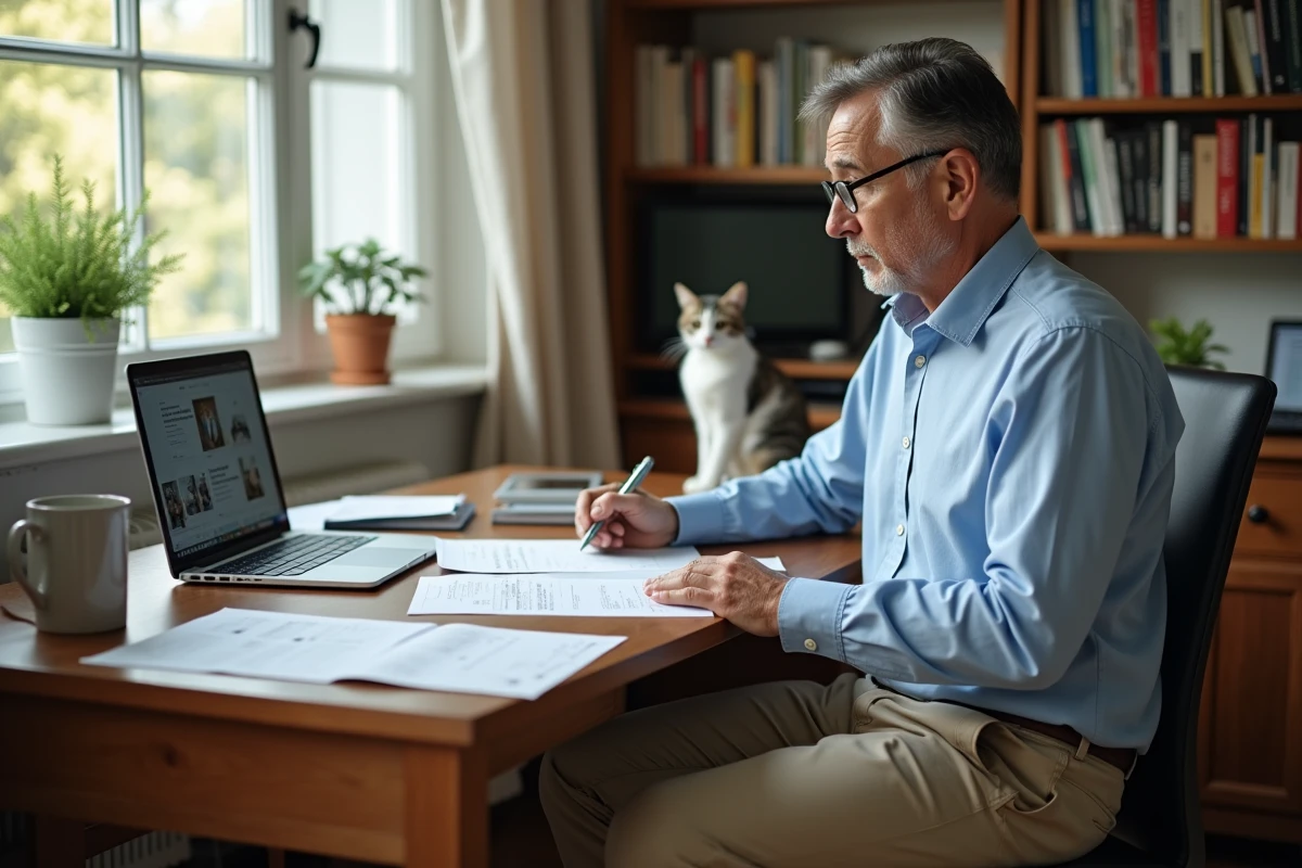 Homme en cours d'étude pour la certification ACACED à son bureau avec son chat, représentant une formation professionnelle animalière accessible et abordable