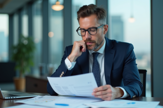 Homme d affaires en costume analyse des documents financiers
