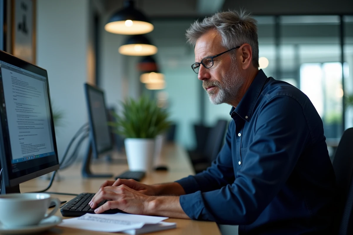 Homme consultant un guide de dépannage en autonomie dans un espace de coworking moderne