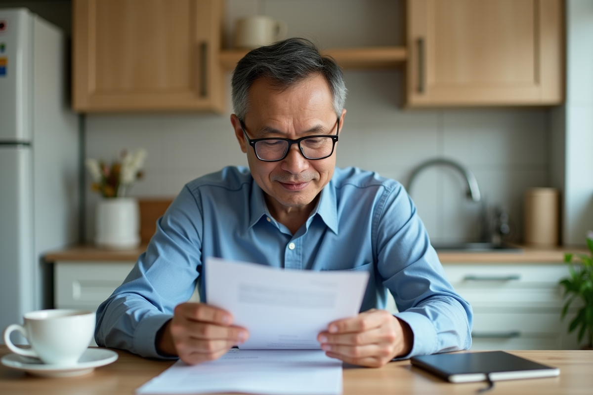 Homme lisant une lettre sur son compte CPF dans la cuisine