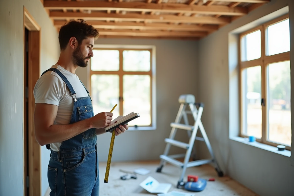 Jeune homme mesurant une fenêtre dans une maison en travaux