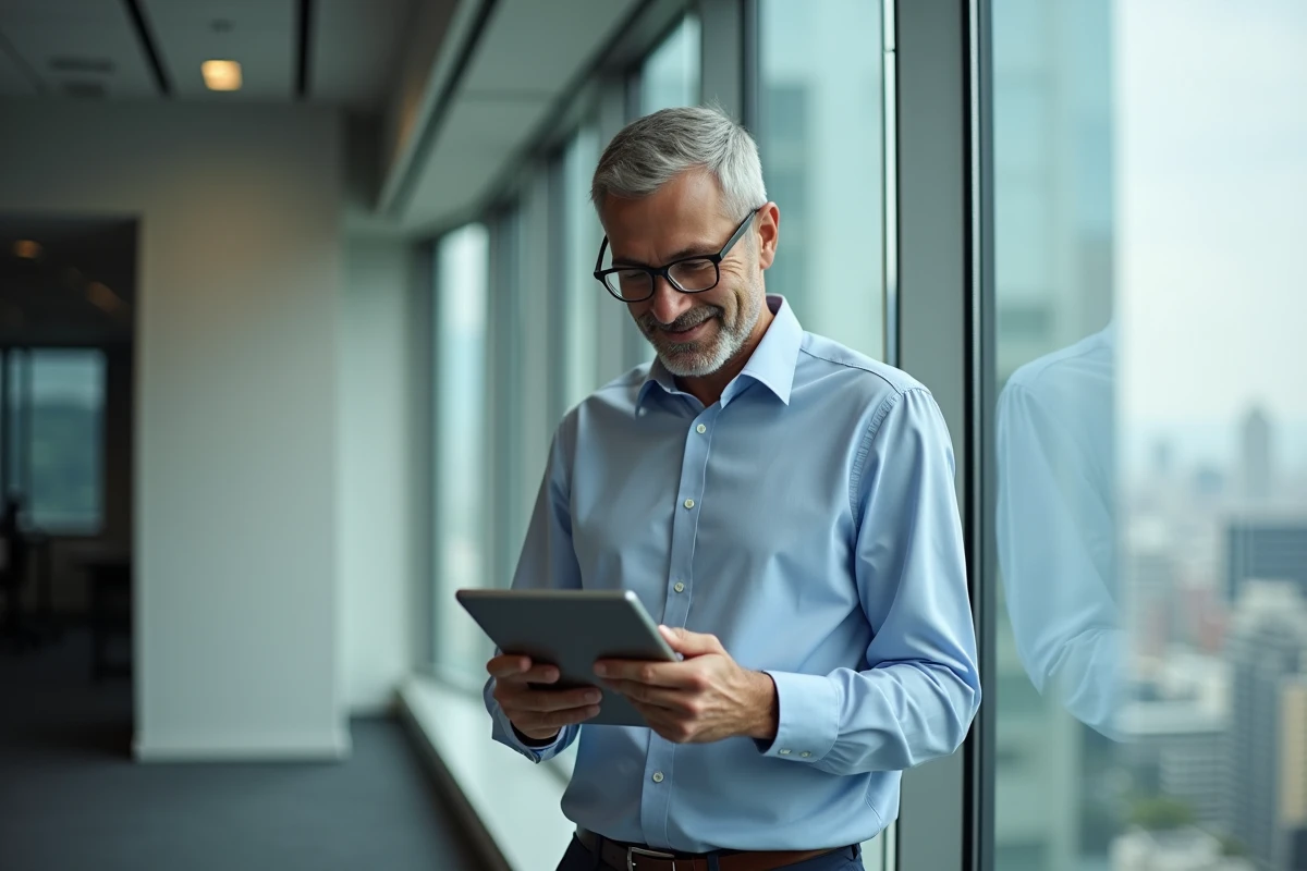 Homme souriant avec une tablette dans un bureau lumineux