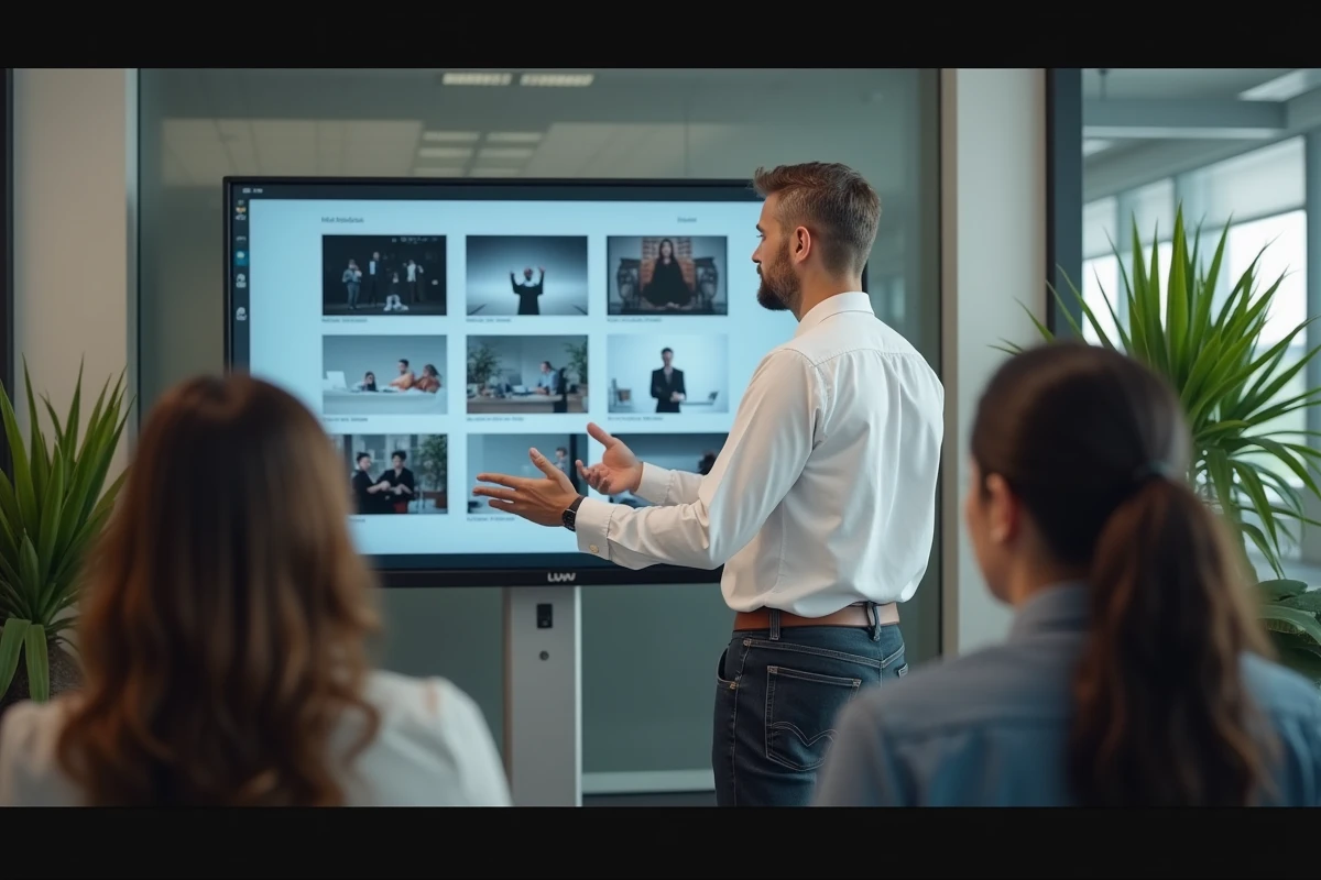 Homme présentant son portefeuille visuel à des collègues dans un bureau