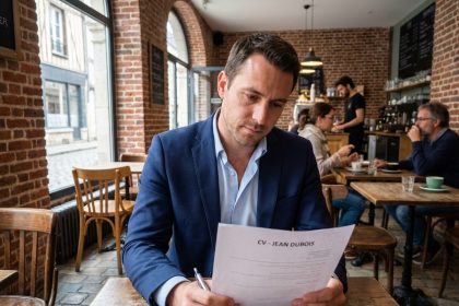 Homme en costume bleu examinant son CV dans un café à Troyes