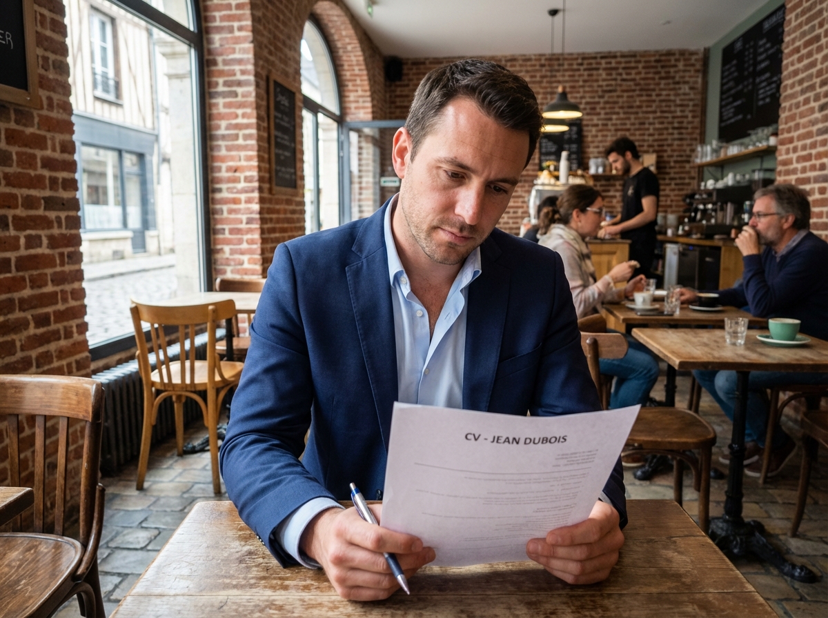 Homme en costume bleu examinant son CV dans un café à Troyes