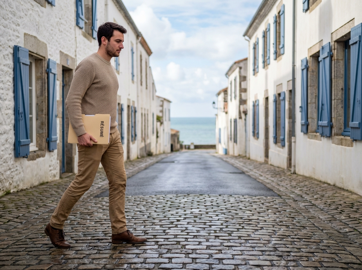 Homme marchant dans une rue vendéenne avec CV à la main
