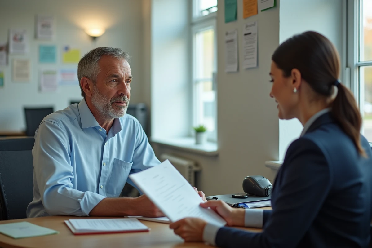 Homme remettant un dossier à un agent dans un bureau public
