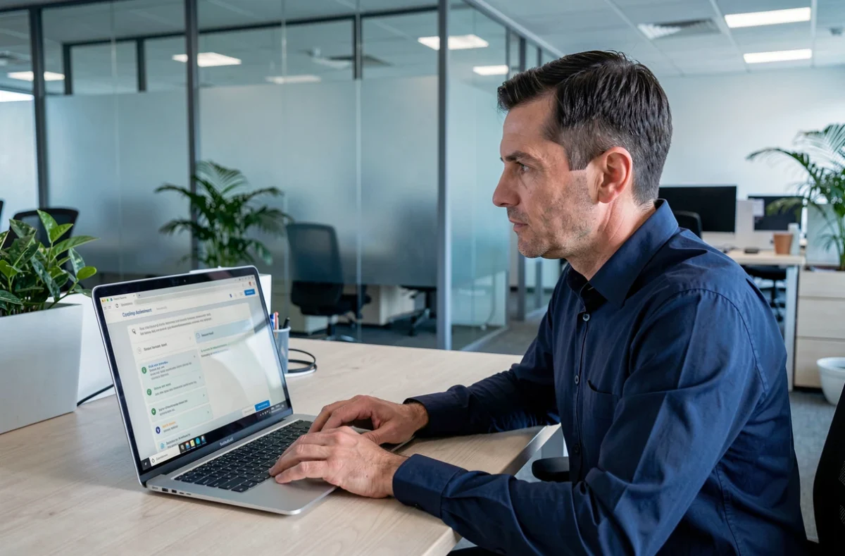 Homme professionnel passant un test de QI en ligne sur son ordinateur portable dans un bureau moderne