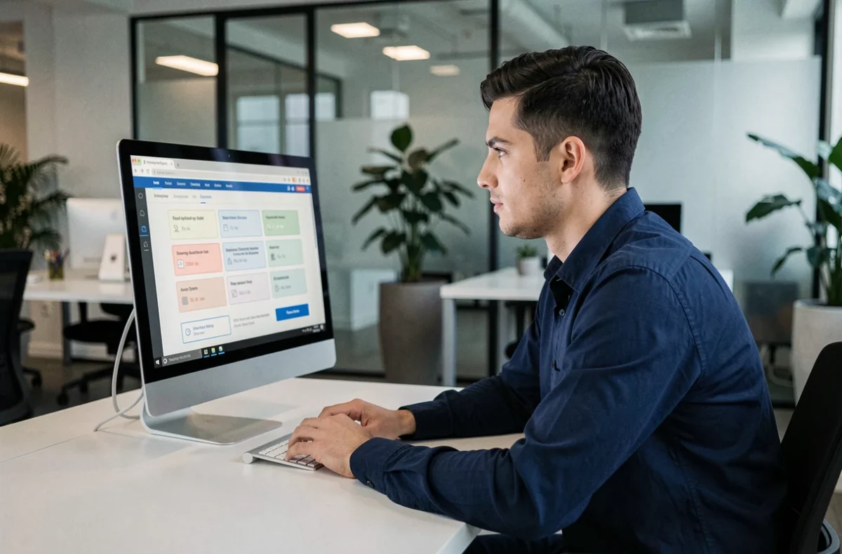 Jeune homme analysant un test de QI en ligne sur un ordinateur de bureau dans un open space moderne