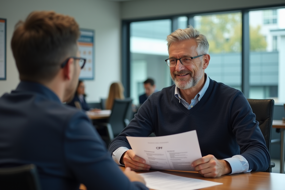 Homme souriant avec dossier CPF dans un centre d