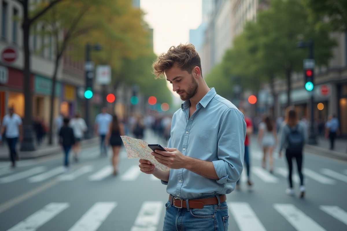 Jeune homme dans la rue observant une carte sur son téléphone