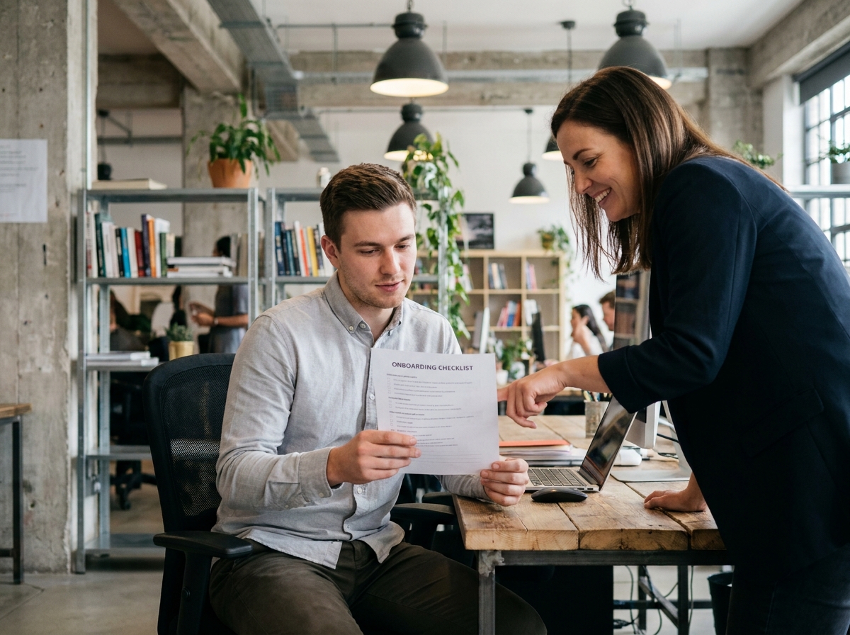 Nouveau salarié guidé par un collègue lors de sa prise de poste en entreprise