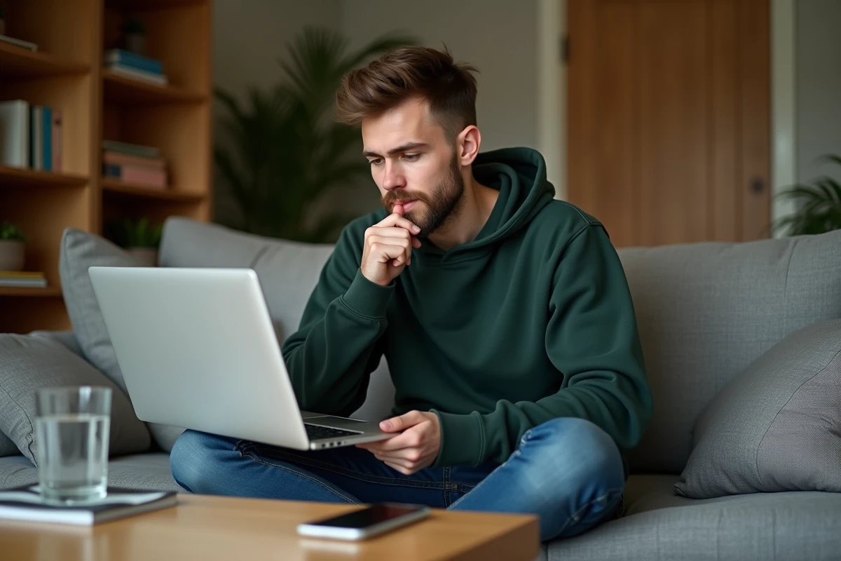 Jeune adulte cherchant de l'aide sur une FAQ pour résoudre une erreur en ligne depuis son canapé
