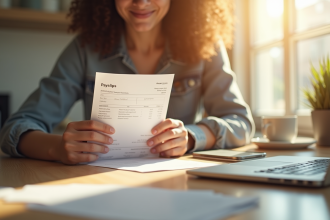 Jeune adulte examinant une fiche de paie à la cuisine