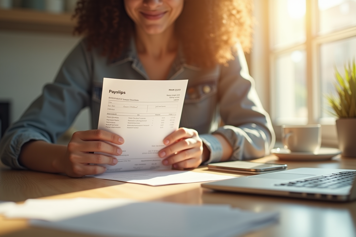 Jeune adulte examinant une fiche de paie à la cuisine