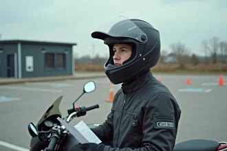 Jeune homme en veste moto tenant des documents administratifs dans une auto-école moto, illustrant les démarches pour le permis A2