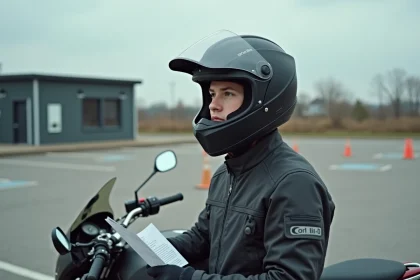 Jeune homme en veste moto tenant des documents administratifs dans une auto-école moto, illustrant les démarches pour le permis A2