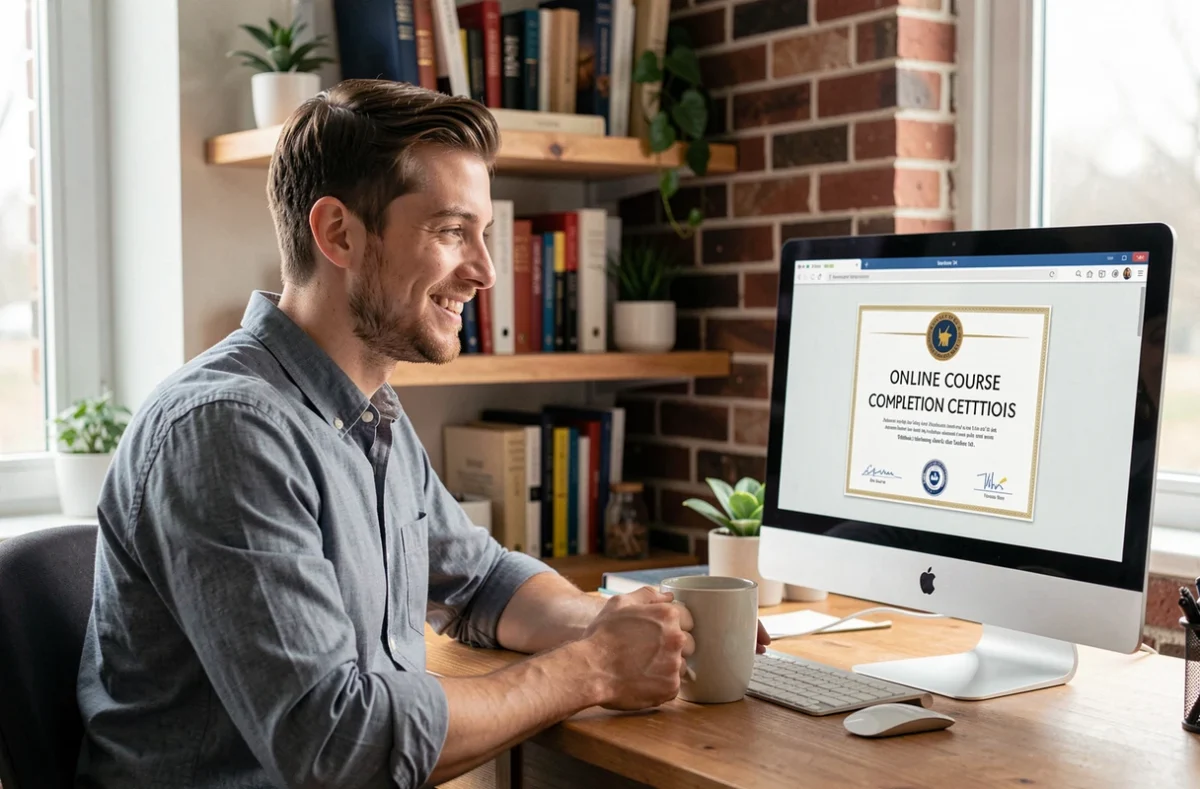 Jeune diplômé affichant son certificat moocfun sur son écran d'ordinateur depuis son bureau à domicile