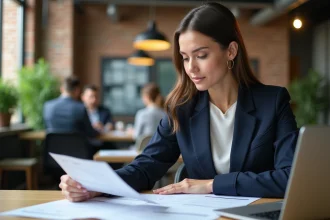 Jeune diplômée consultant ses résultats d'orientation professionnelle dans un espace de coworking moderne