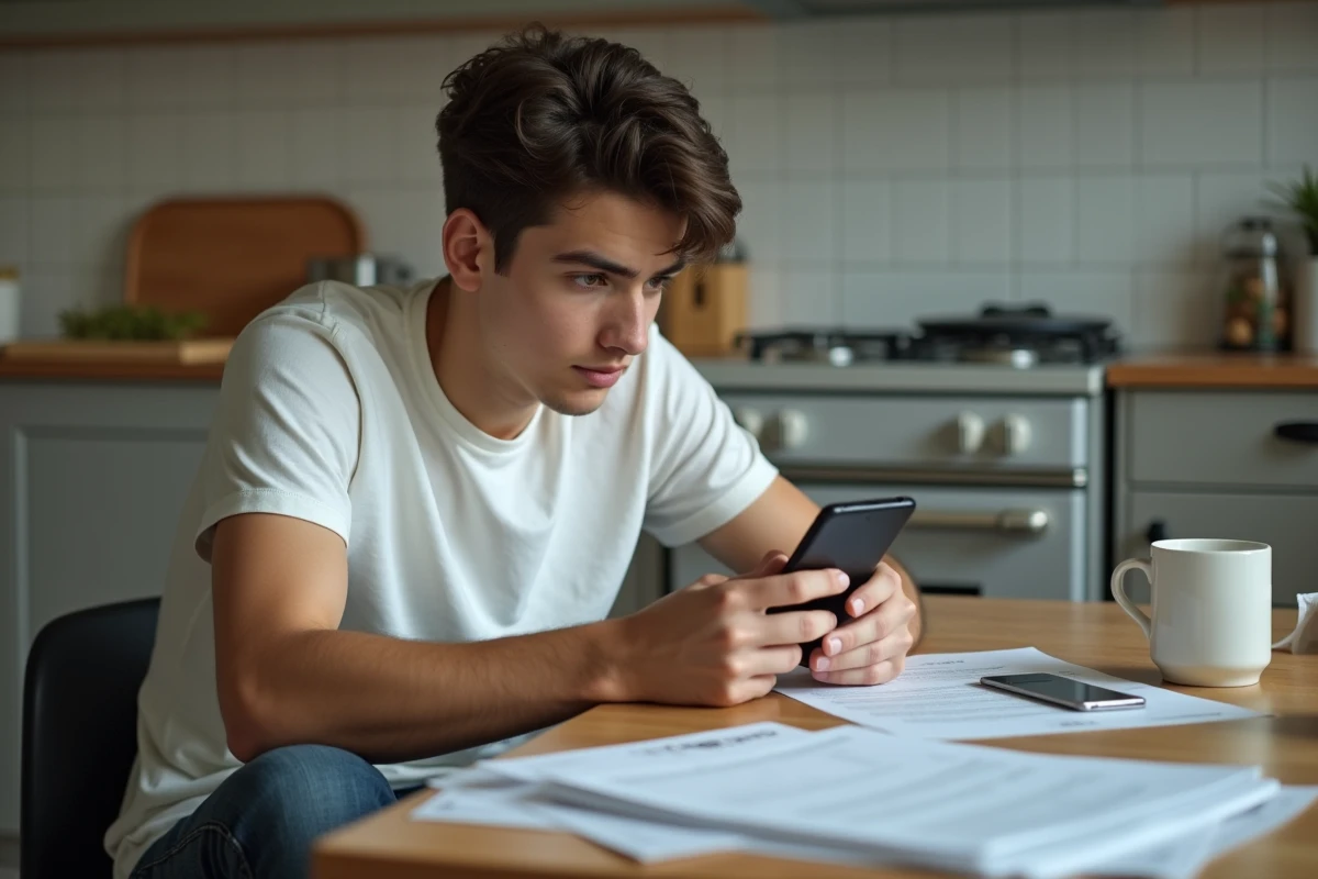 Jeune étudiant effectuant le paiement de la CVEC sur smartphone depuis chez lui pour valider son dossier Parcoursup