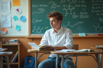 Jeune étudiant en sciences avec livre ouvert en classe