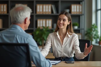 Jeune femme au bureau échange subtil avec collègue homme