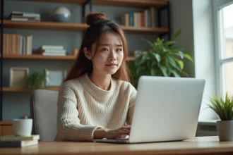 Jeune femme concentrée travaillant sur son ordinateur dans un bureau moderne