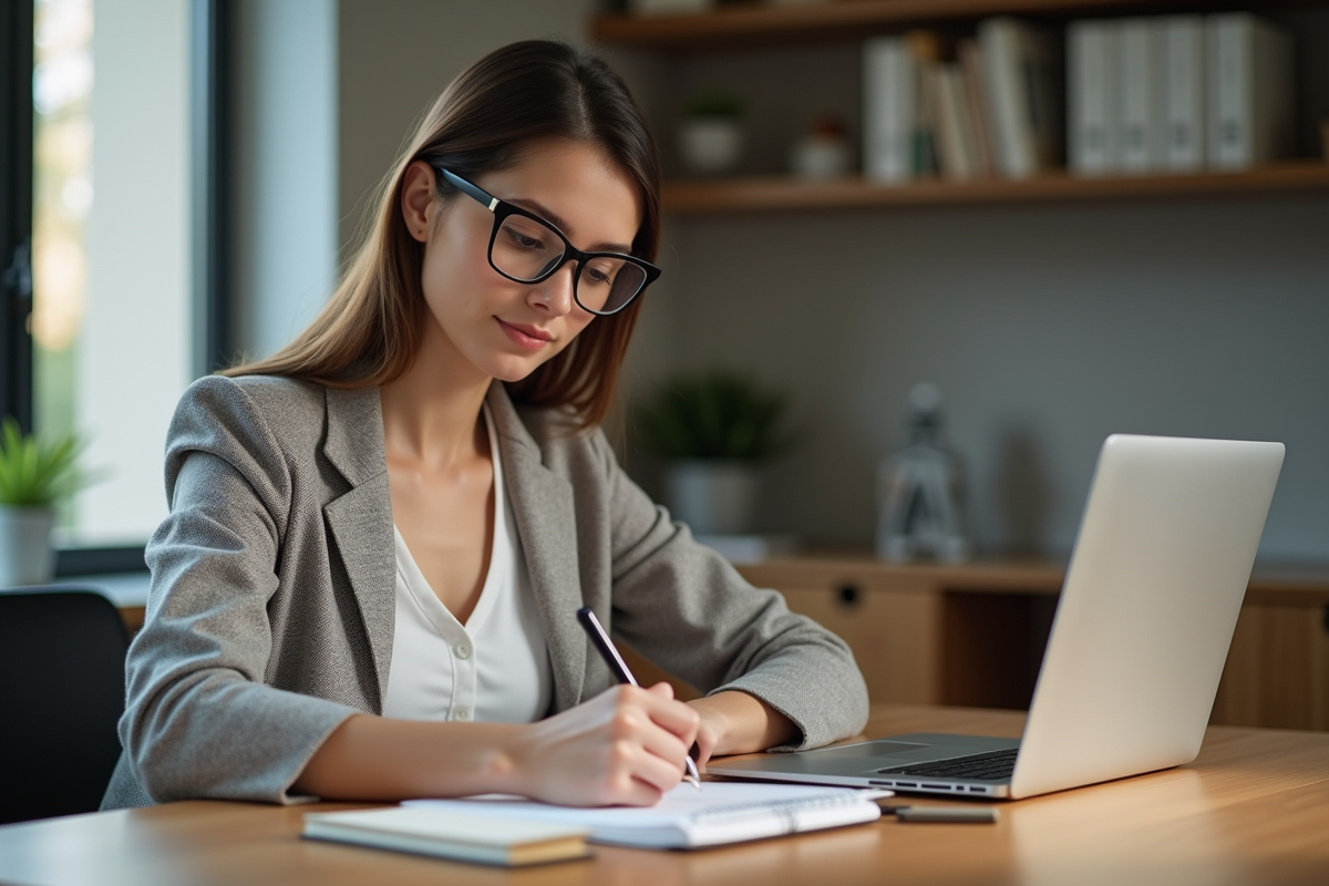 Jeune femme concentrée dans son bureau moderne