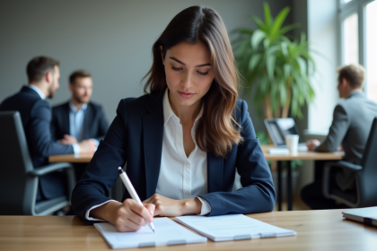 Femme professionnelle en bureau moderne en pleine concentration