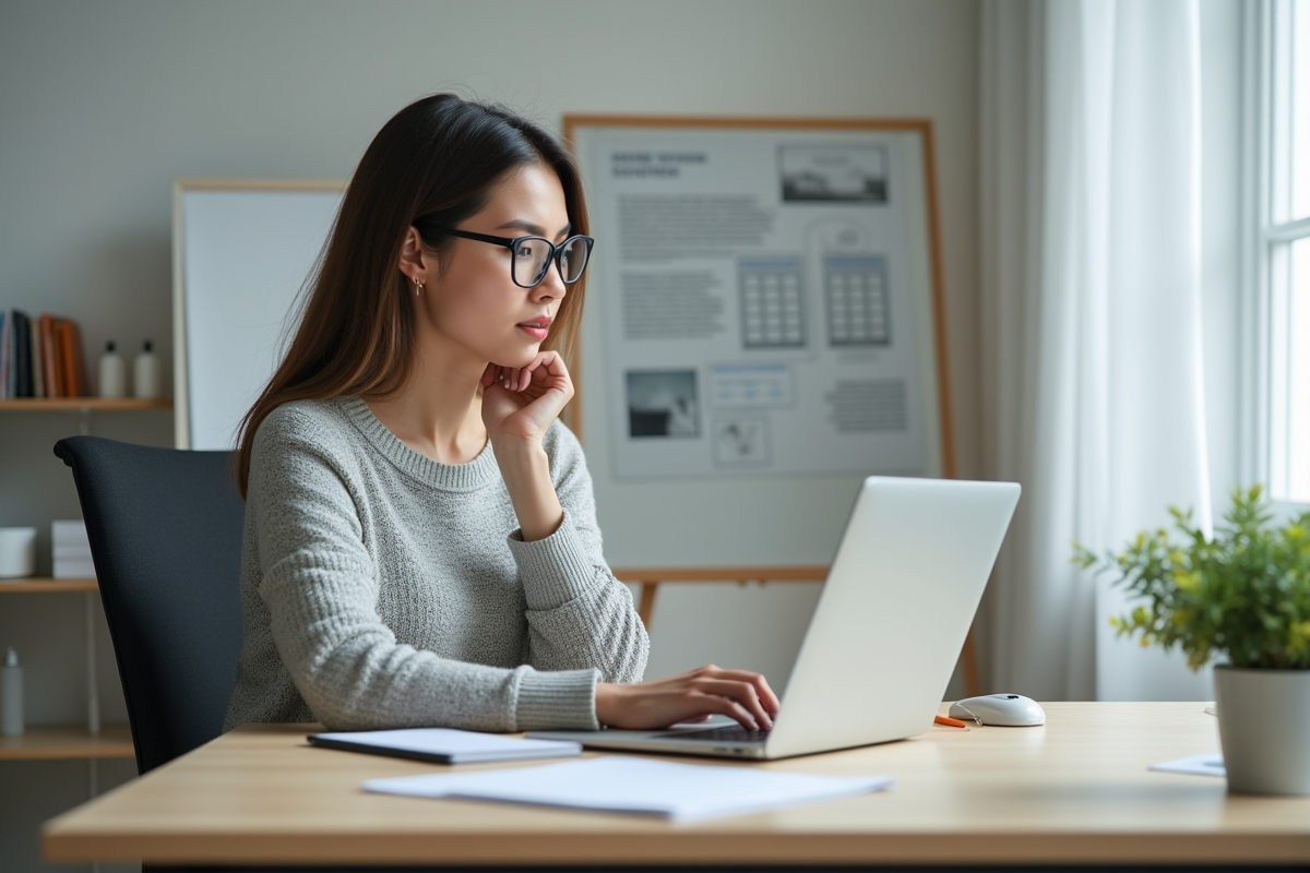 Jeune femme en télétravail concentrée sur son ordinateur