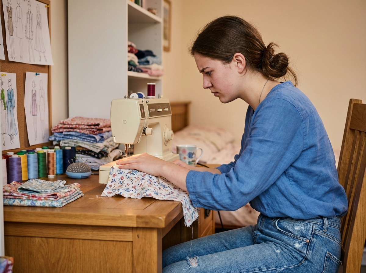 Jeune femme travaillant à une machine à coudre dans une chambre chaleureuse