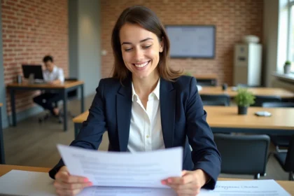 Jeune femme en blazer navy relisant son CV et sa lettre de motivation dans un espace de coworking à Bordeaux