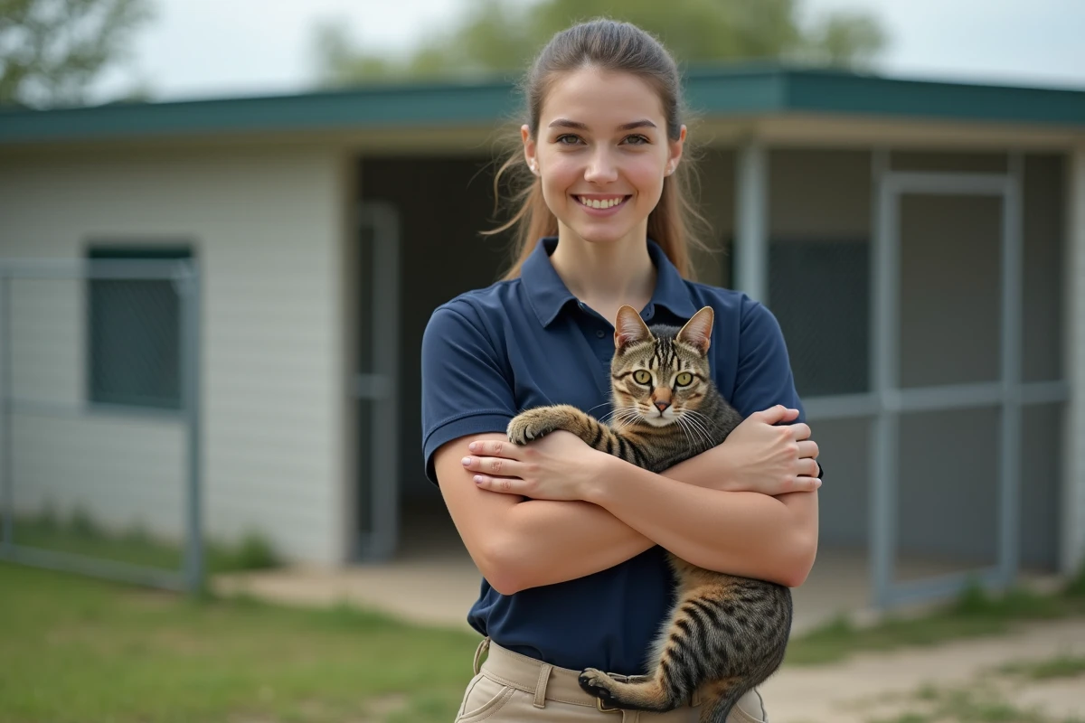 Jeune femme diplômée ACACED tenant un chat dans un refuge animalier, symbolisant les débouchés professionnels accessibles grâce à la formation animalière