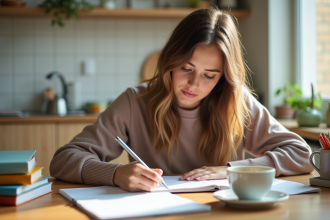 Jeune femme étudie à la cuisine avec des cahiers colorés