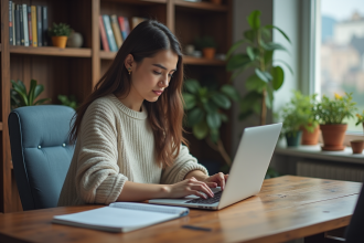 Jeune femme étudie concentrée dans un bureau à domicile