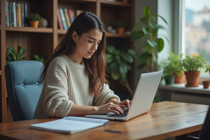 Jeune femme étudie concentrée dans un bureau à domicile