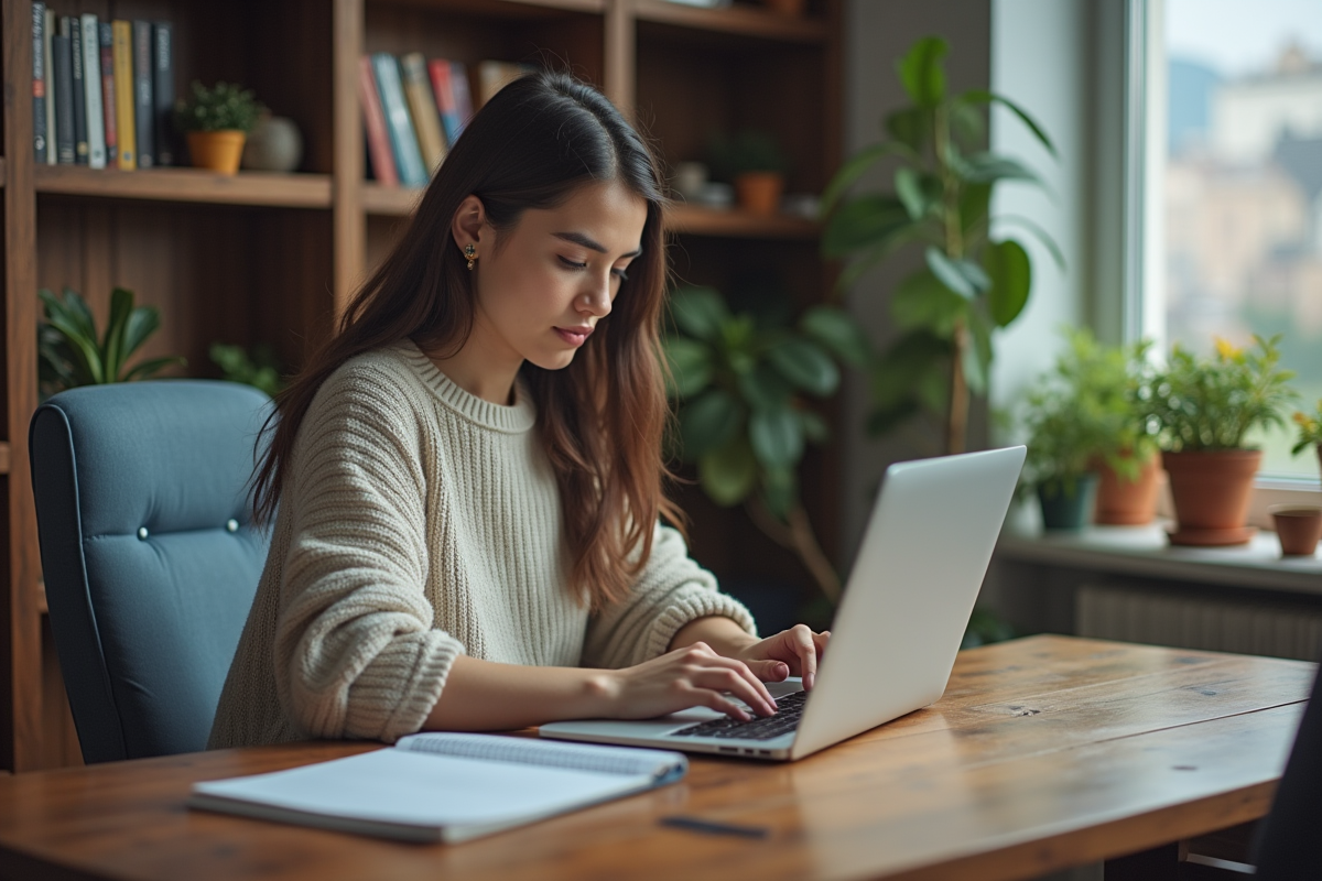 Jeune femme étudie concentrée dans un bureau à domicile