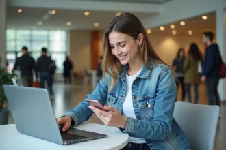 Jeune femme en denim et ordinateur dans un espace universitaire
