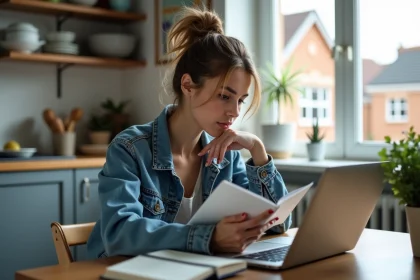 Jeune femme lisant un livre de code de la route dans une cuisine lumineuse