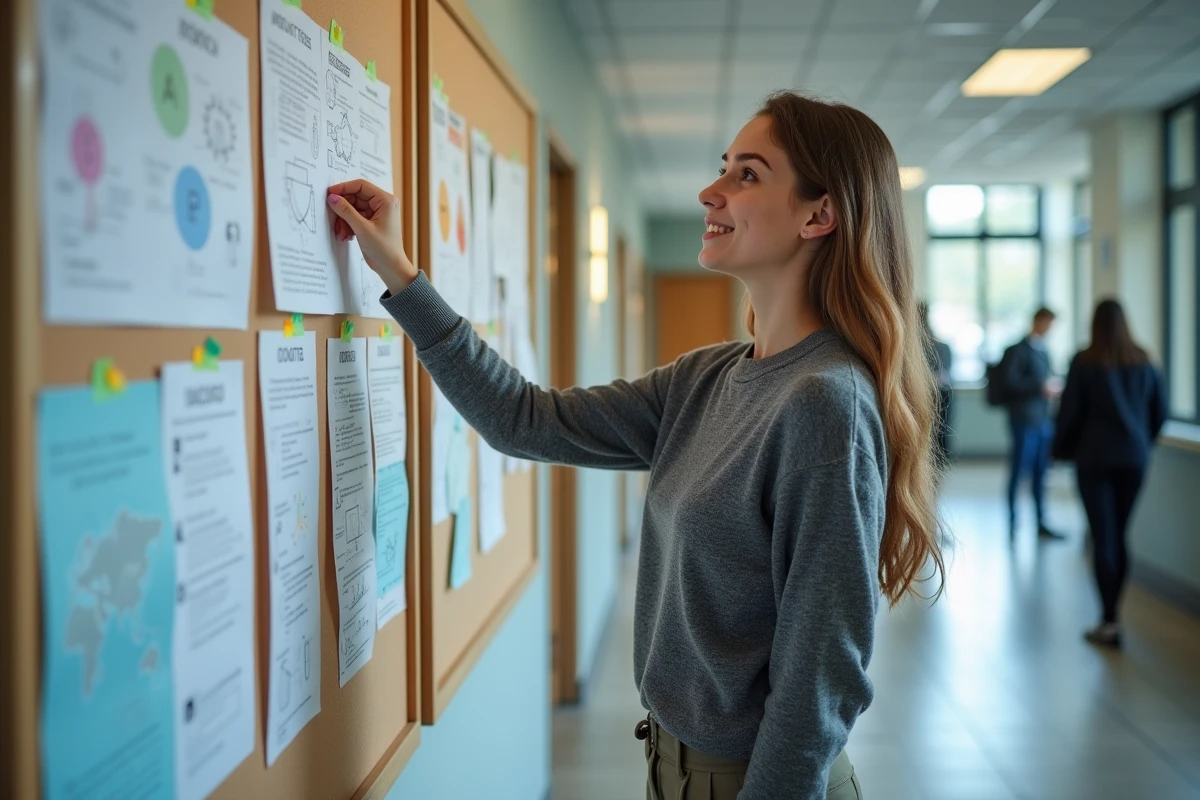 Jeune femme accrochant un diagramme sur un tableau d