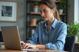 Jeune femme créant un portefeuille numérique dans un bureau moderne