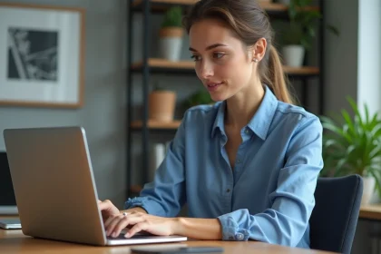 Jeune femme créant un portefeuille numérique dans un bureau moderne