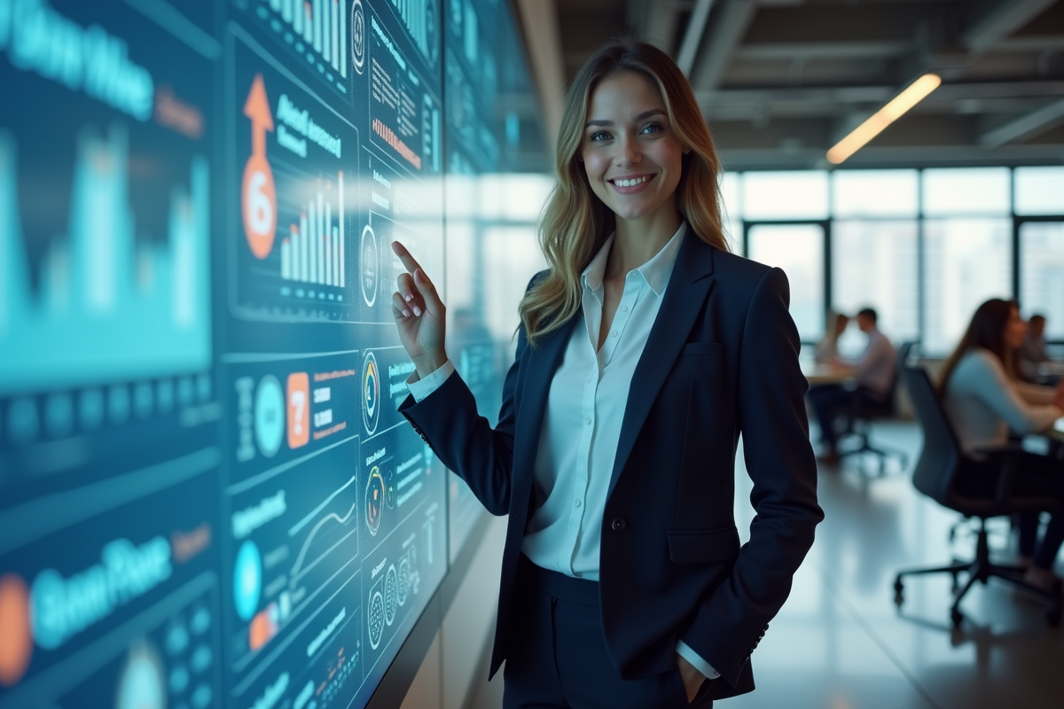 Jeune femme en blazer présentant une stratégie marketing digitale