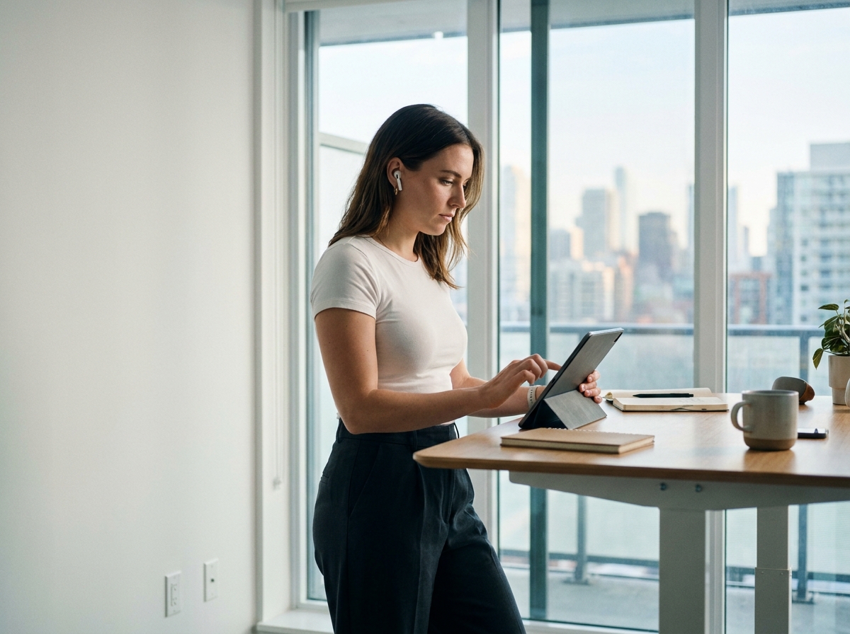 Jeune femme suivant une formation en ligne sur tablette dans un appartement urbain moderne