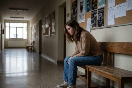 Jeune femme pensif assise sur un banc dans un hall universitaire