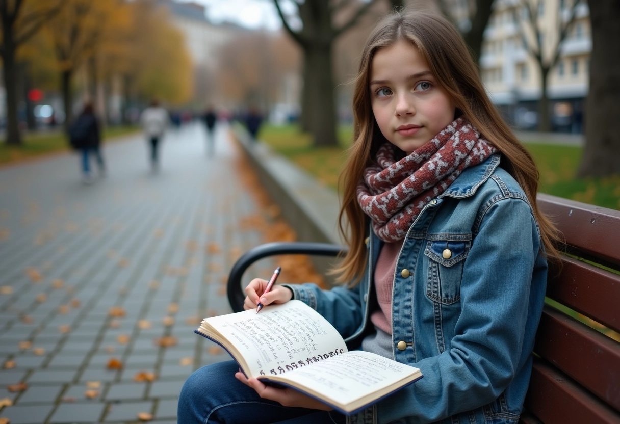 Jeune fille pensante avec carnet dans un parc urbain