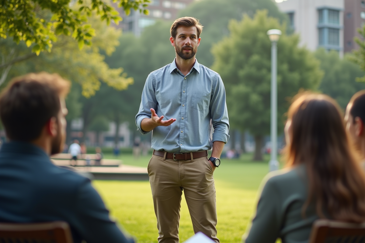 Jeune homme anime une activité en extérieur avec équipe