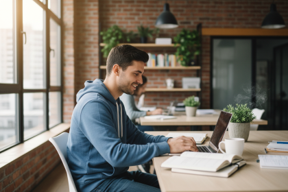 Jeune homme au bureau moderne travaillant sur son ordinateur