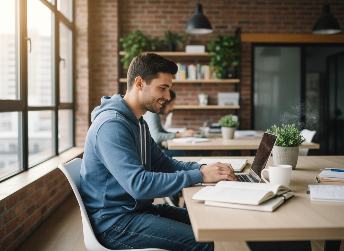 Jeune homme au bureau moderne travaillant sur son ordinateur